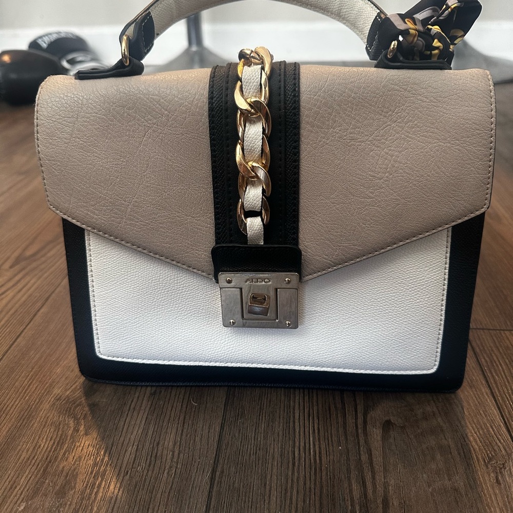 Aldo Beige, Black, and White Satchel with Chain Accent